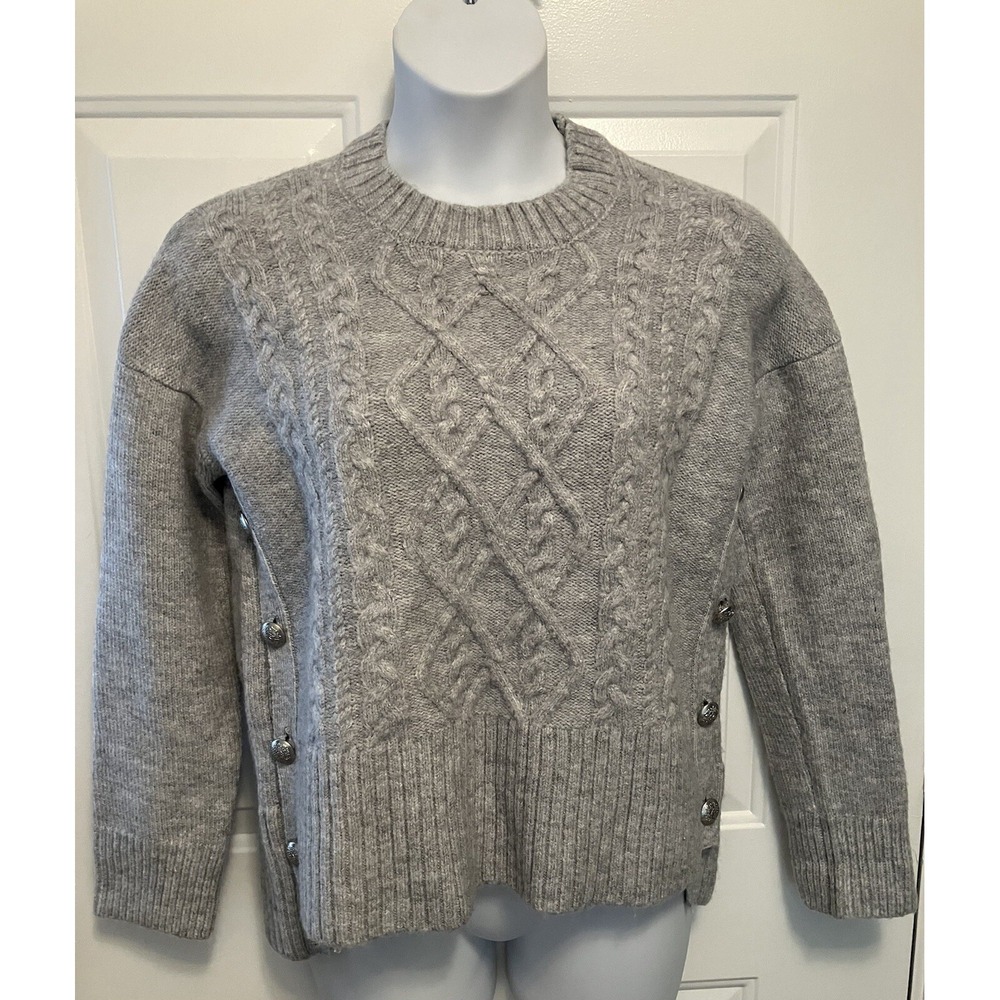 AQUA Sz Large Gray Cable Knit Button Detail Crop Sweater Women's Crew Neck